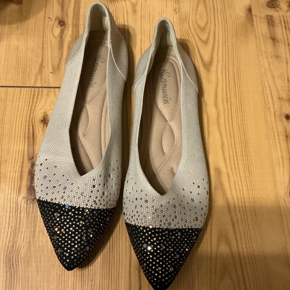 Semwiss Beige Knit Pointed Flats with Black Rhinestone Toe